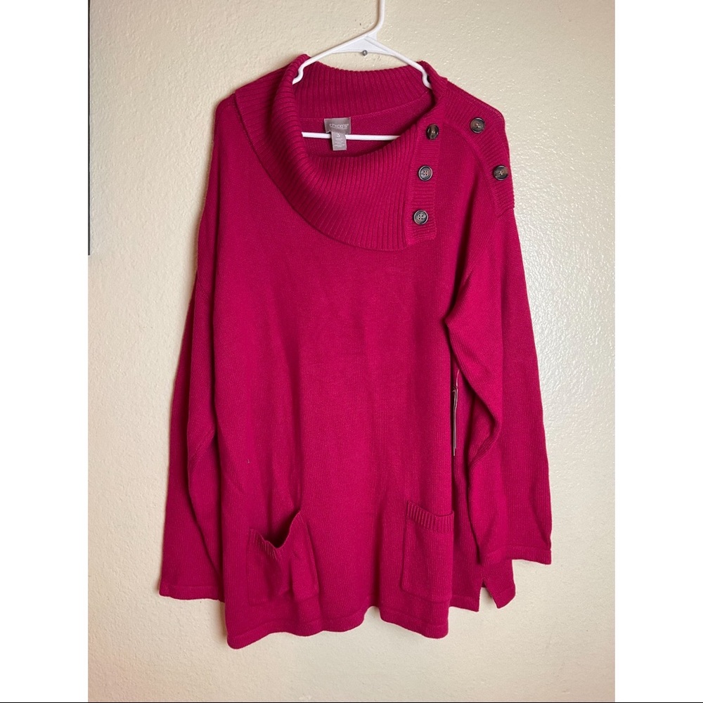 Chico's Fuchsia Cowl Neck TunicSweater Button Detail Cozy Knit Pullover size 3 - Picture 2 of 15
